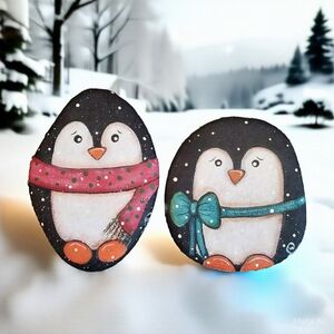 Hand-Painted Penguin Stones set of two